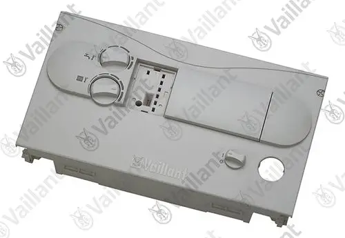Vaillant Gehäuse, Vorderteil in Weiß mit zwei Drehreglern und einem Schieberegler. Detaillierte Aussparungen für Installationselemente auf der Rückseite des Gehäuses.